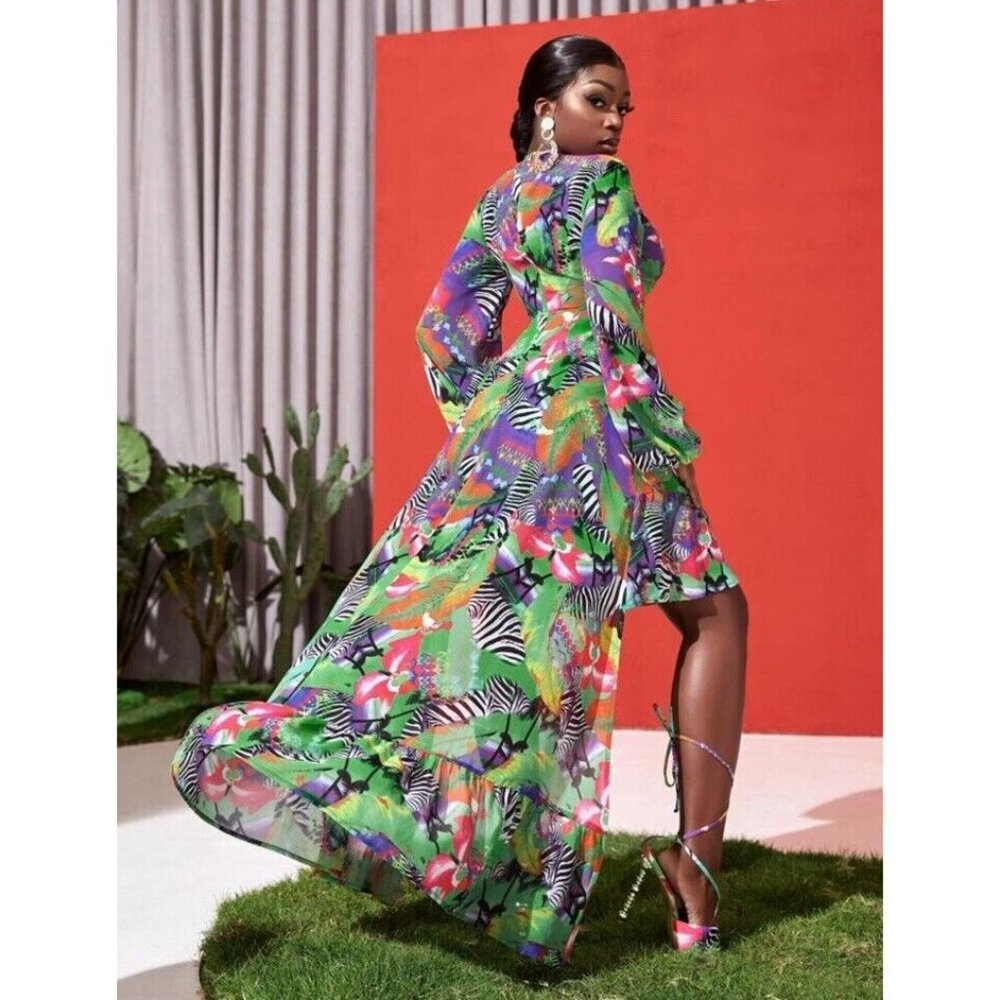 Shein Dress Maxi Hi Lo Cutout Green Tropical Print Long Sleeve NWT - Picture 3 of 16